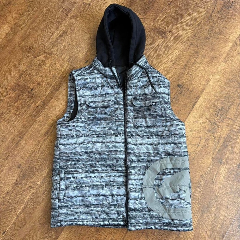 Ecko Unltd Mens Large Grey Black Hooded Puffer Vest Streetwear Y2K Skater Rhino